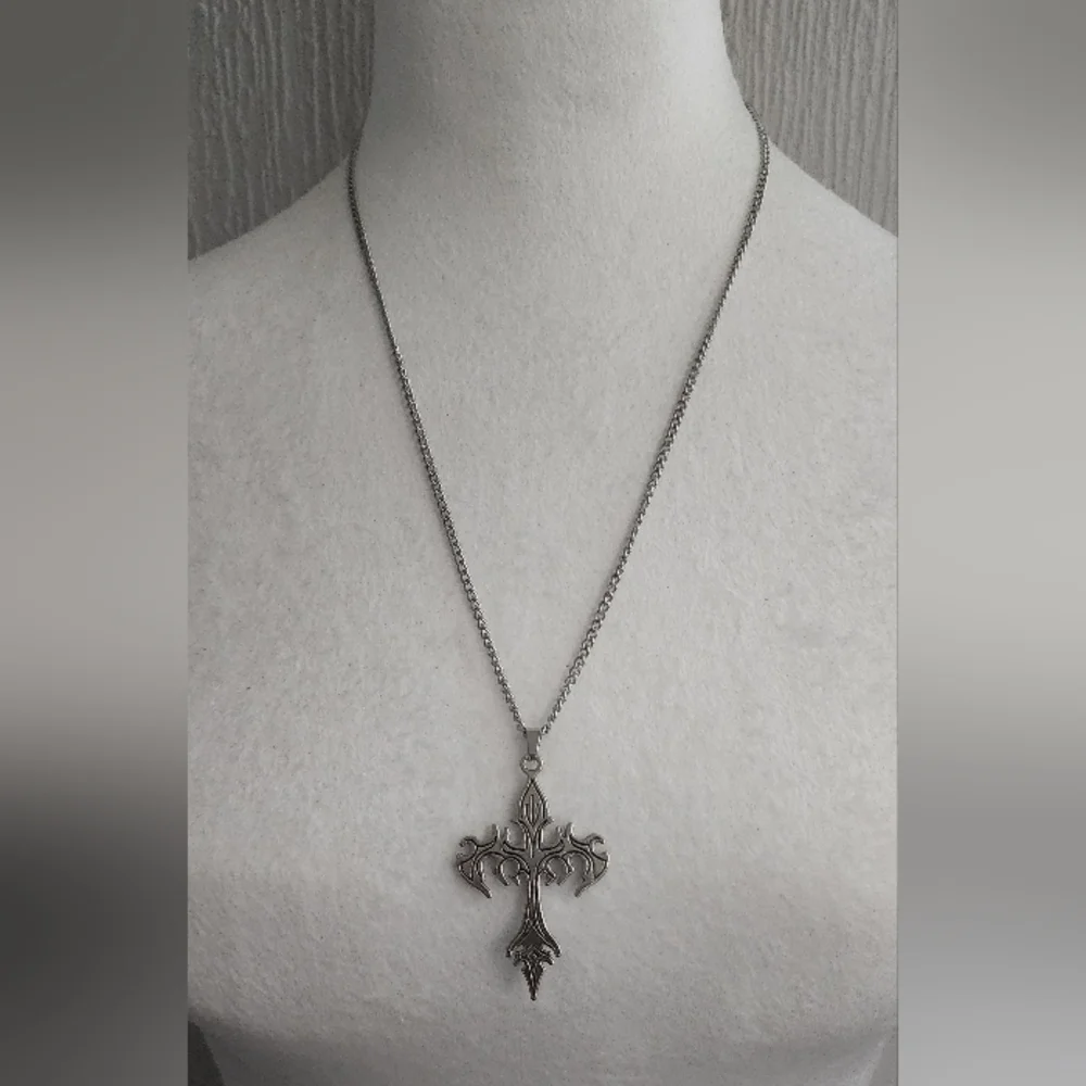 Men Silvertone Cross Pendant Necklace